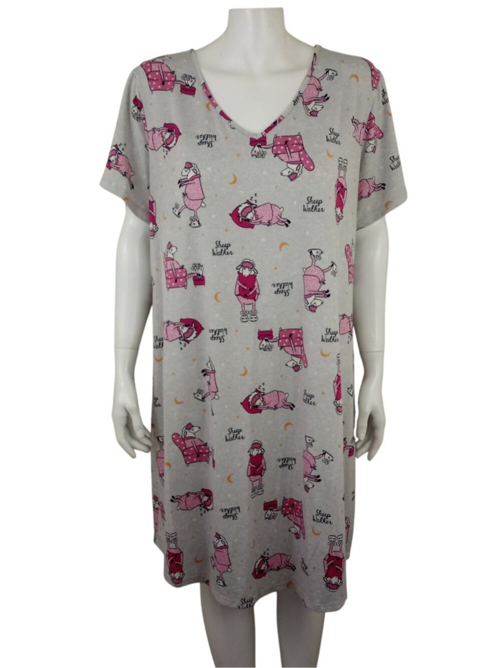Secret Treasures Sheep Walker Gray Pink Sleepshirt sz L XL V-Neck Short Sleeve